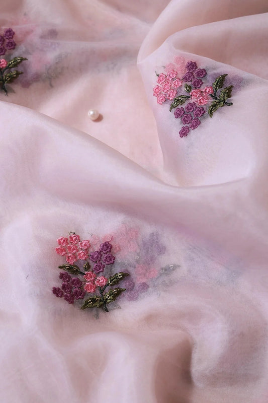 Pink And Mauve Thread With Sequins Floral Embroidery Work On Pastel Peach Organza Fabric