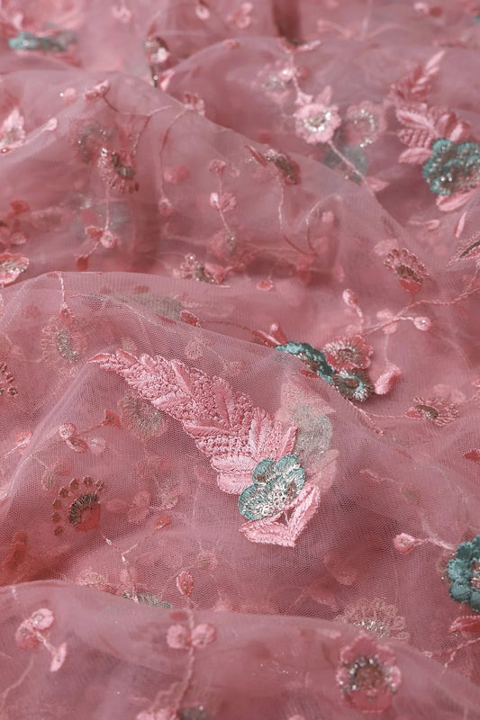 Pink And Olive Thread With Gold Zari Floral Embroidery On Pink Soft Net Fabric