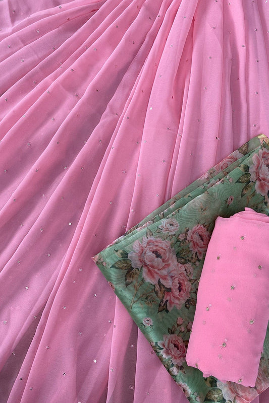 Pink And Parrot Green Unstitched Lehenga Set Fabric (3 Piece)