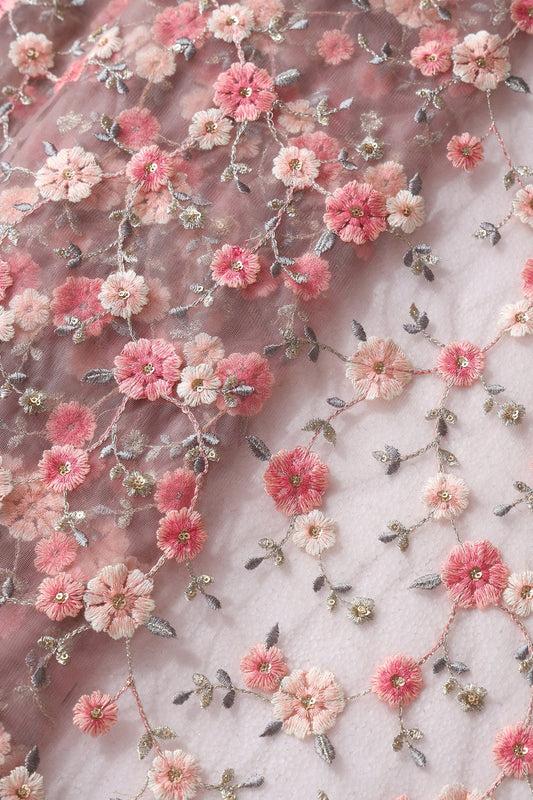 Pink And White Thread With Gold Sequins Floral Embroidery On Mauve Soft Net Fabric