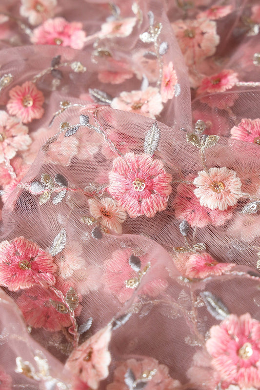 Pink And White Thread With Gold Sequins Floral Embroidery On Mauve Soft Net Fabric