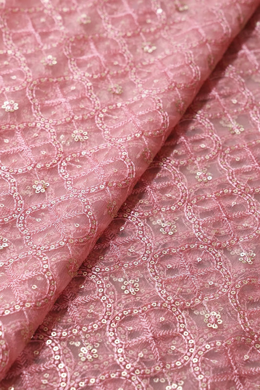 Pink Thread With Gold Sequins Geometric Embroidery On Pink Soft Net Fabric