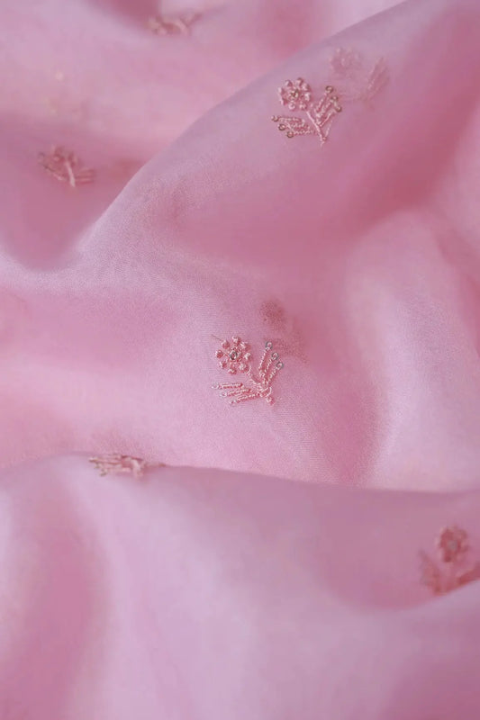 Pink Thread With Sequins Beautiful Small Floral Motif Embroidery Work On Pink Organza Fabric