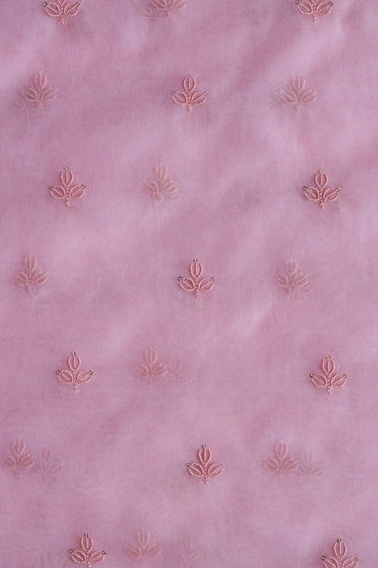 Pink Thread With Sequins Beautiful Small Leafy Embroidery Work On Pink Organza Fabric