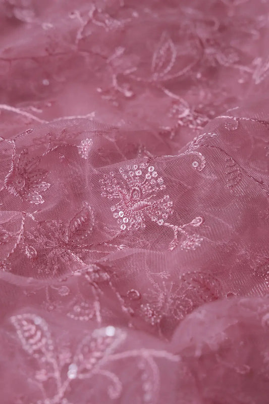 Pink Thread With Water Sequins Floral Embroidery On Pink Soft Net Fabric