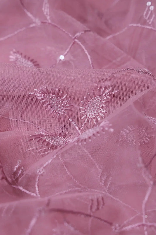 Pink Thread With Water Sequins Leafy Embroidery On Dusty Pink Soft Net Fabric