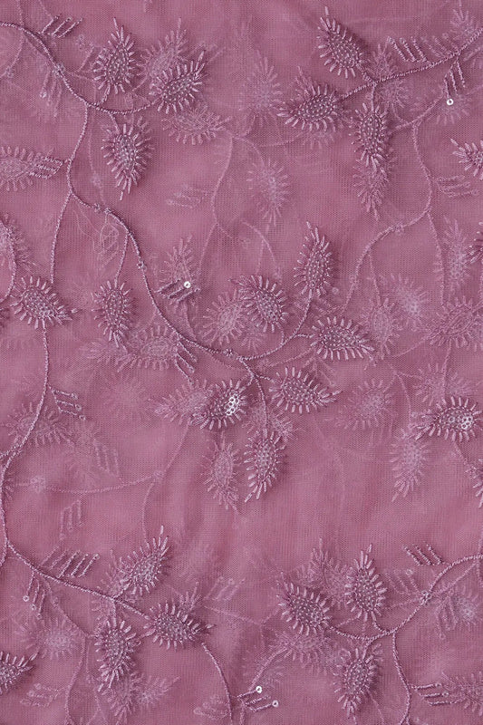 Pink Thread With Water Sequins Leafy Embroidery On Dusty Pink Soft Net Fabric
