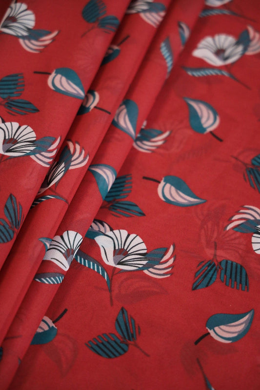 AIzaSyBcstauz-XMPRhEY21AUzeo032pxrXB5Ug - Big Width "56" Beautiful White Floral Digital Print On Red Georgette Fabric