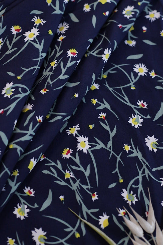 AIzaSyBcstauz-XMPRhEY21AUzeo032pxrXB5Ug - Big Width "56" Small White Floral Digital Print On Navy Blue Crepe Satin Fabric
