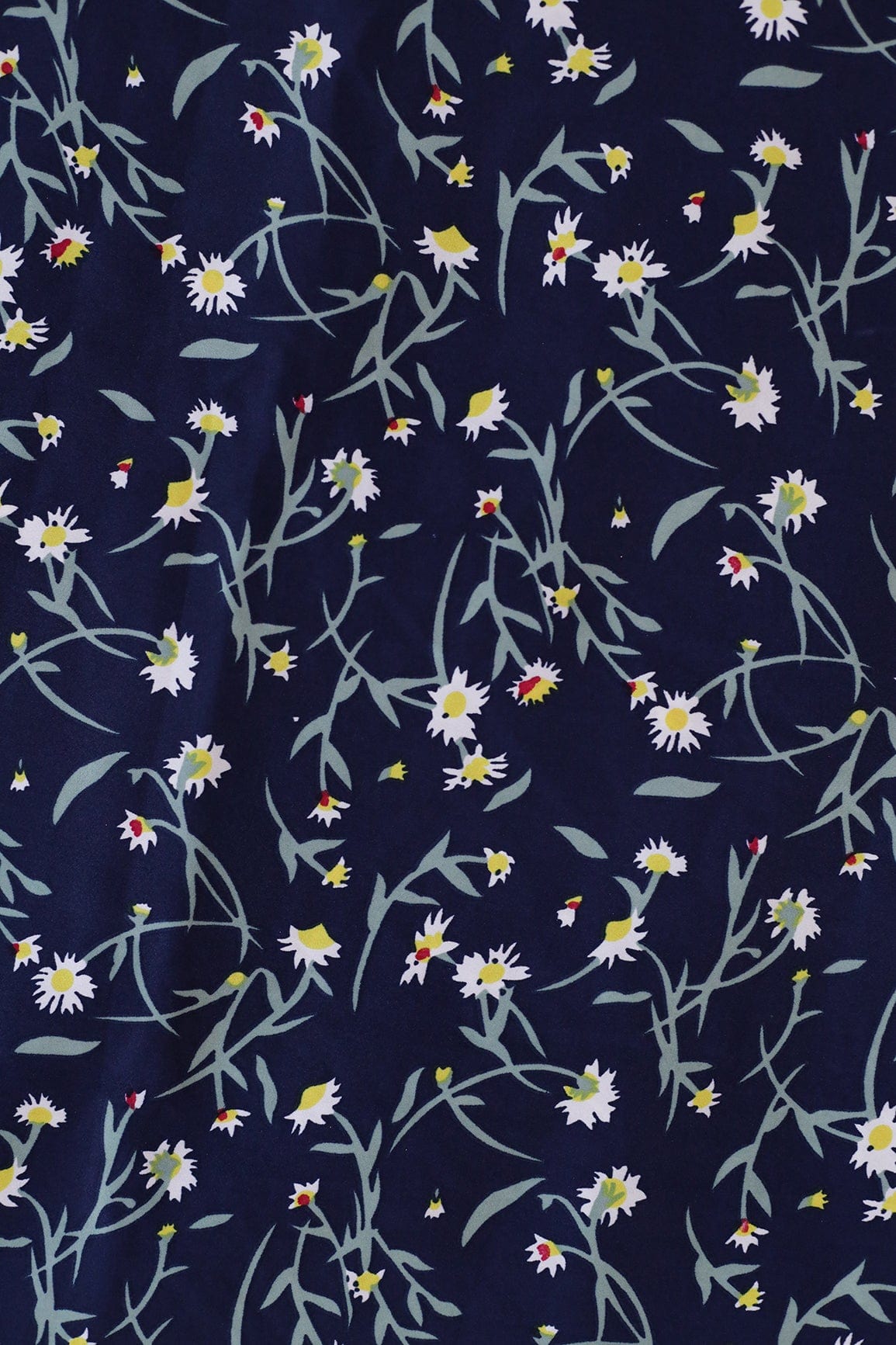 AIzaSyBcstauz-XMPRhEY21AUzeo032pxrXB5Ug - Big Width "56" Small White Floral Digital Print On Navy Blue Crepe Satin Fabric