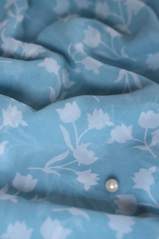 AIzaSyBcstauz-XMPRhEY21AUzeo032pxrXB5Ug - Big Width "56" White Beautiful Floral Digital Print On Sky Blue Georgette Fabric