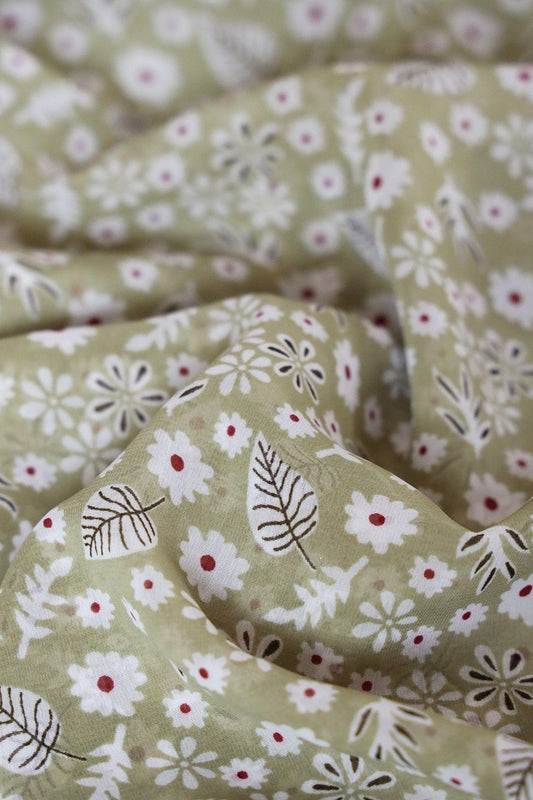 AIzaSyBcstauz-XMPRhEY21AUzeo032pxrXB5Ug - Big Width "56" White Small Floral Digital Print On Light Olive Georgette Fabric