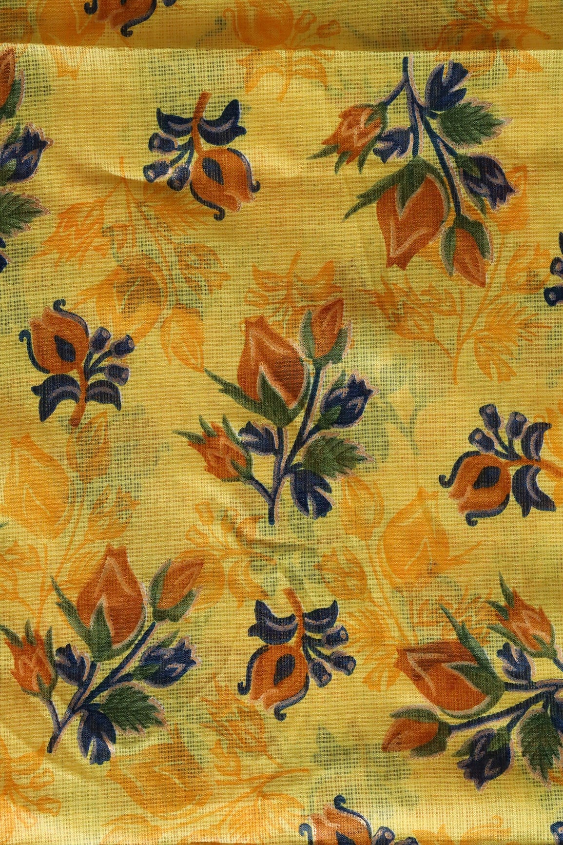 AIzaSyBcstauz-XMPRhEY21AUzeo032pxrXB5Ug - Brown And Green Floral Pattern Foil Print On Yellow Kota Doria Fabric