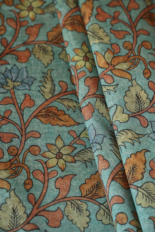 Light Teal Floral Pattern Digital Print On Mulberry Silk Fabric