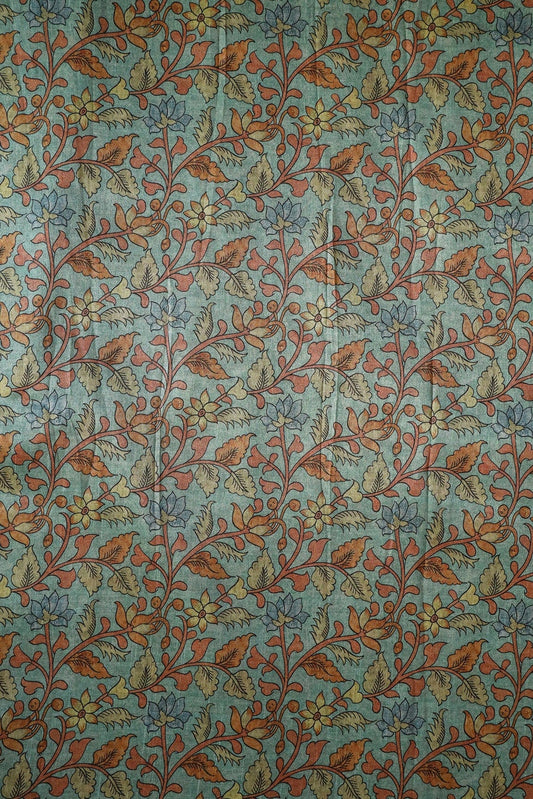 Light Teal Floral Pattern Digital Print On Mulberry Silk Fabric