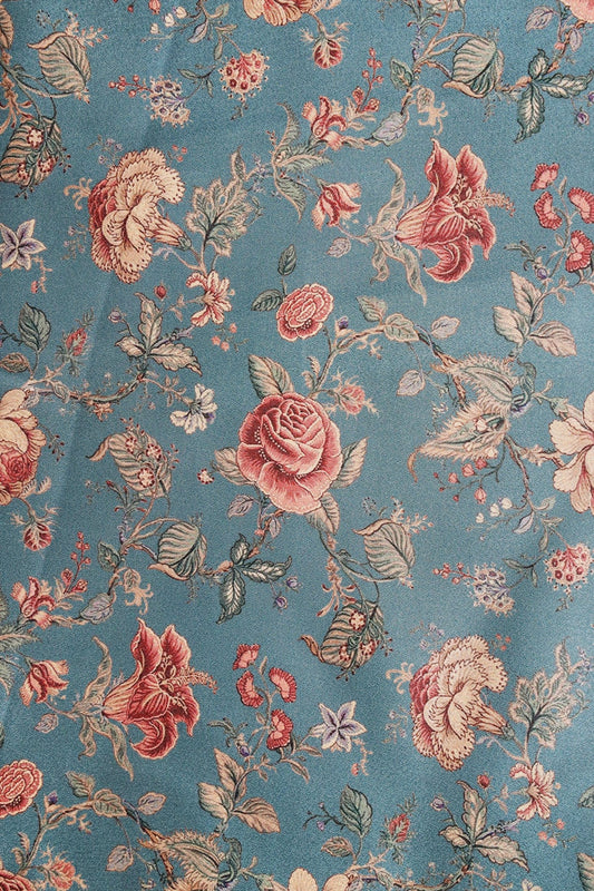 Multi Color Floral Pattern Digital Print On Air Force Blue Satin Fabric