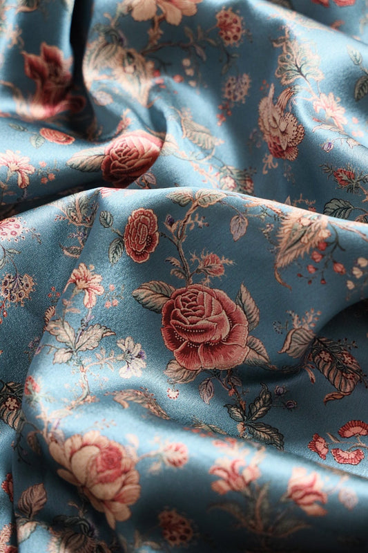 Multi Color Floral Pattern Digital Print On Air Force Blue Satin Fabric