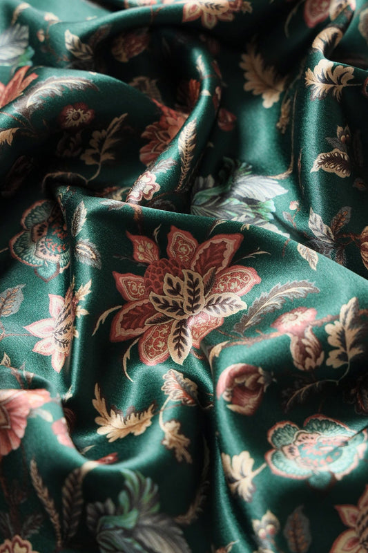 Multi Color Floral Pattern Digital Print On Bottle Green Satin Fabric