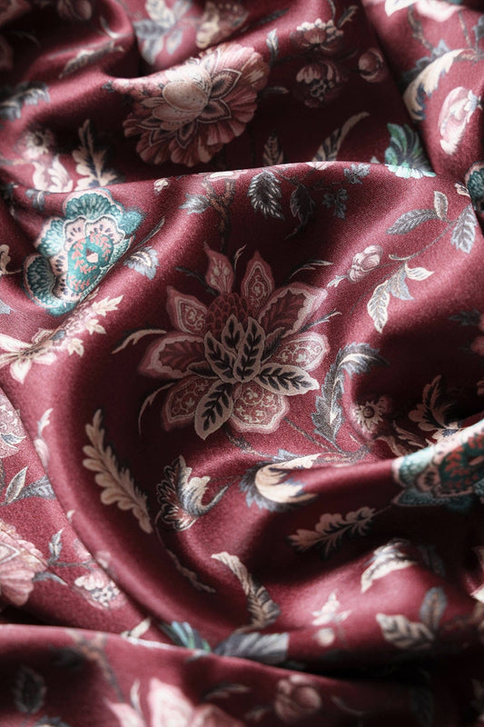 Multi Color Floral Pattern Digital Print On Maroon Satin Fabric