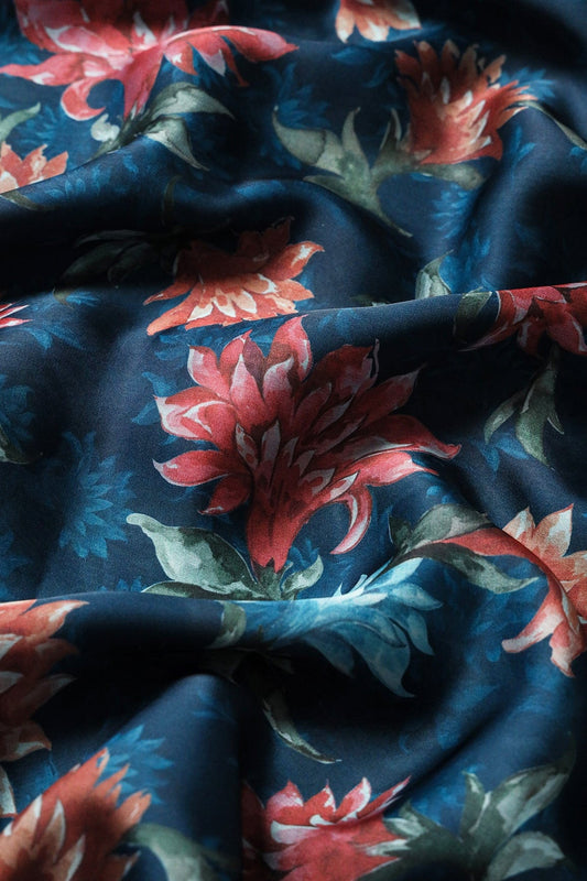 Multi Color Floral Pattern Digital Print On Prussian Blue Color Georgette Satin Fabric
