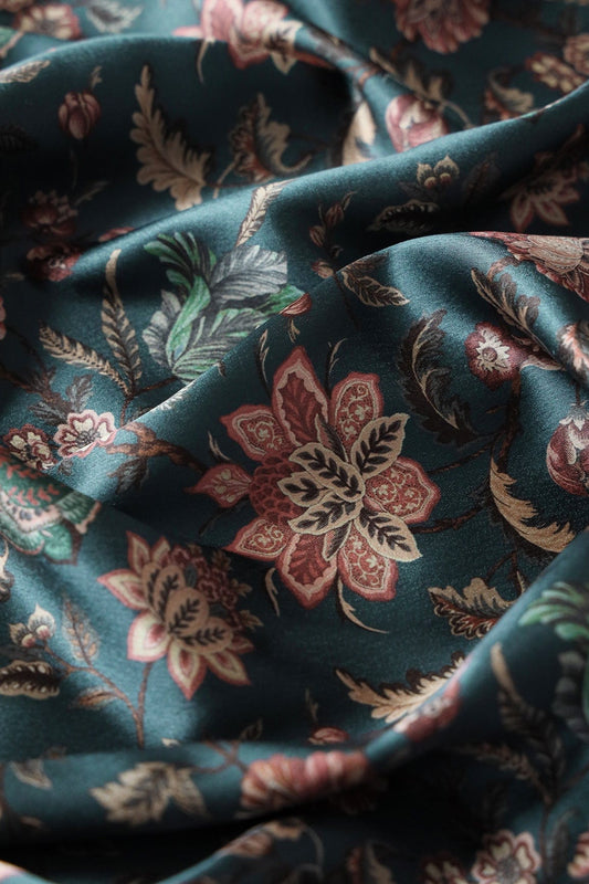 Multi Color Floral Pattern Digital Print On Teal Blue Satin Fabric