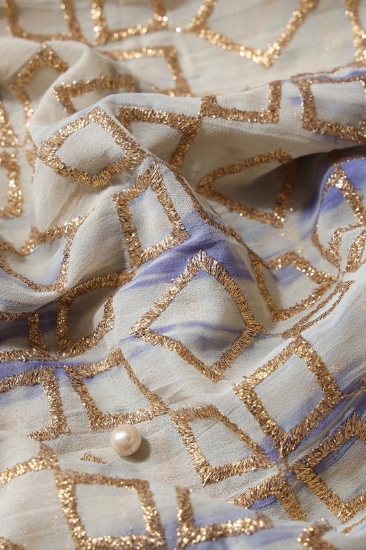 Purple And Cream Tie & Dye Gold Zari Geometric Embroidery Work Georgette Fabric