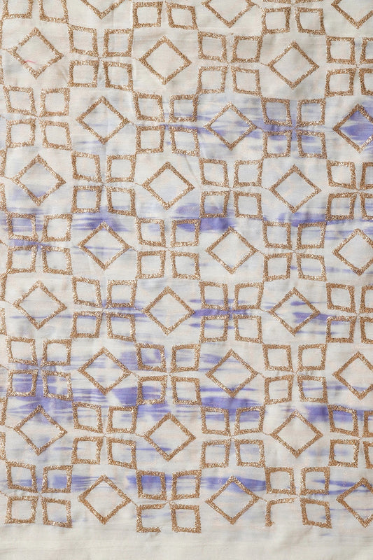Purple And Cream Tie & Dye Gold Zari Geometric Embroidery Work Georgette Fabric