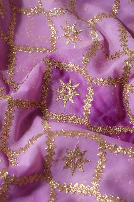 Purple And Pink Tie & Dye Gold Zari Ogee Embroidery Work Georgette Fabric