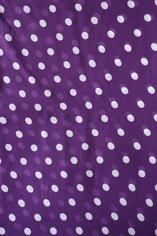 Purple And White Polka Dots Pattern Digital Print On Georgette Satin Fabric
