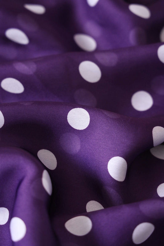 Purple And White Polka Dots Pattern Digital Print On Georgette Satin Fabric