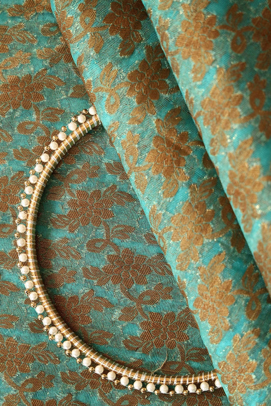 Rama Floral Pure Net Gold Zari Banarasi Jacquard Fabric