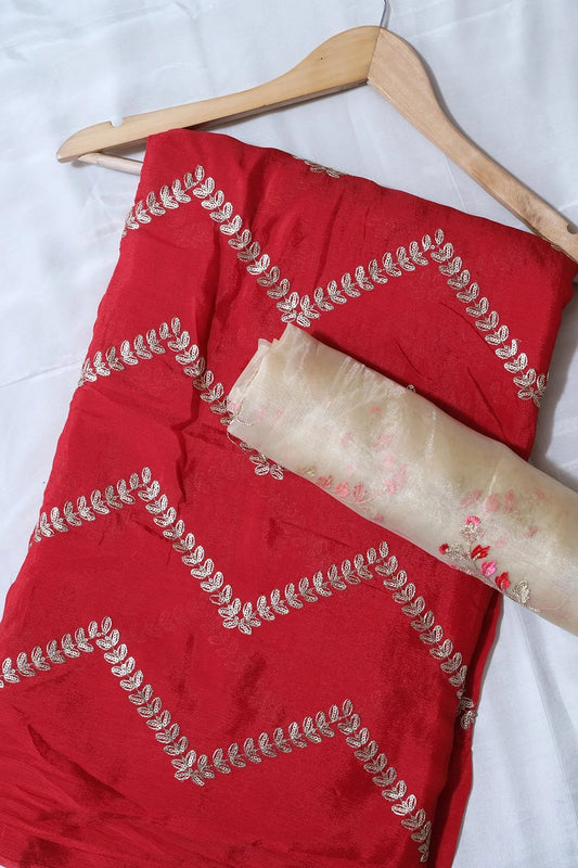 Red And Beige Saree Set (2 Piece)