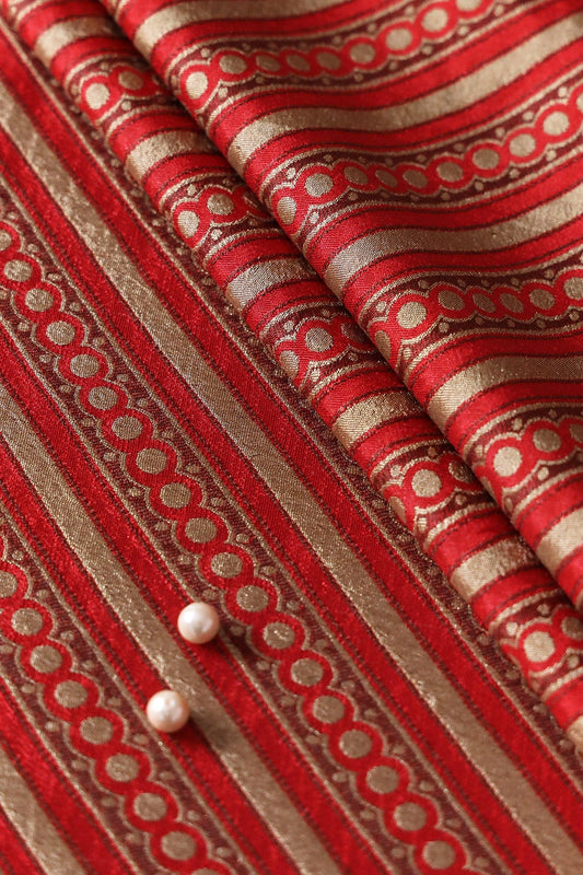Red And Beige Stripes Silk Satin Jute Banarasi Jacquard Fabric