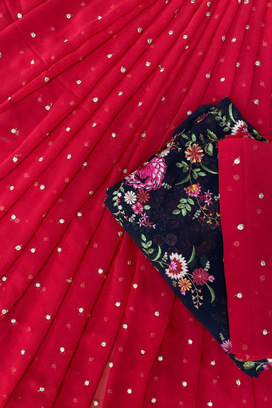 Red and Black Unstitched Lehenga Set Fabric (3 Piece)