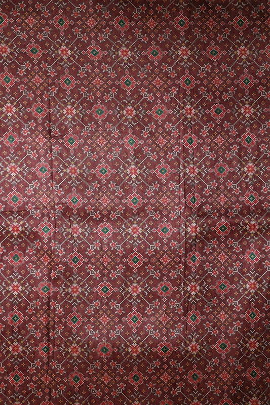 Red And Dark Maroon Patola Pattern Digital Print On Mulberry Silk Fabric