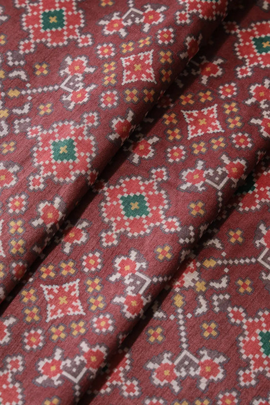 Red And Dark Maroon Patola Pattern Digital Print On Mulberry Silk Fabric