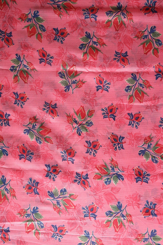 Red And Green Floral Pattern Foil Print On Gajri Pink Kota Doria Fabric