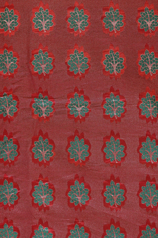 Red And Green Leafy Jute Banarasi Zari Jacquard Fabric