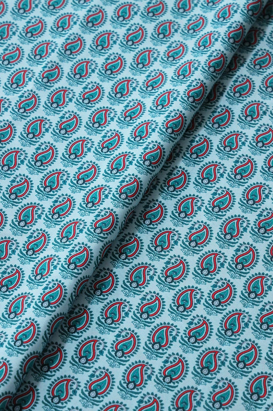 Red And Green Paisley Pattern Digital Print On Light Blue French Crepe Fabric