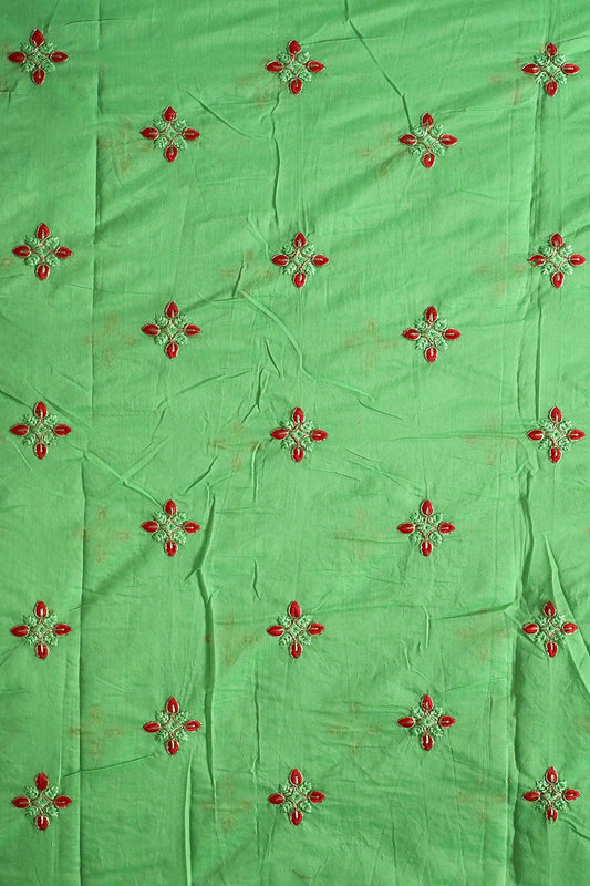 Red And Green Thread With Gold Zari Embroidery Work On Green Chanderi Fabric