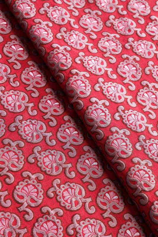 Red And Grey Floral Silk Satin Jute Banarasi Jacquard Fabric