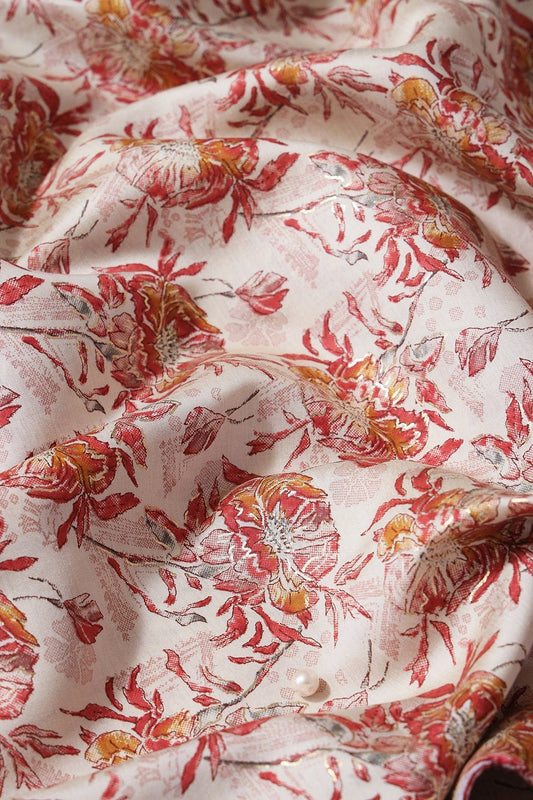 Red And Mustard Floral Foil Print On Off White Viscose Chanderi Silk Fabric