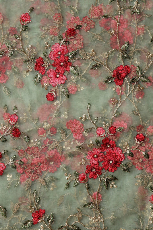 Red And Olive Thread With Gold Zari Beautiful Floral Embroidery On Olive Soft Net Fabric