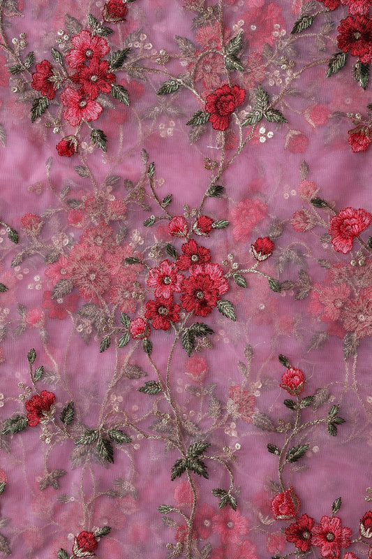 Red And Olive Thread With Gold Zari Beautiful Floral Embroidery On Pink Soft Net Fabric