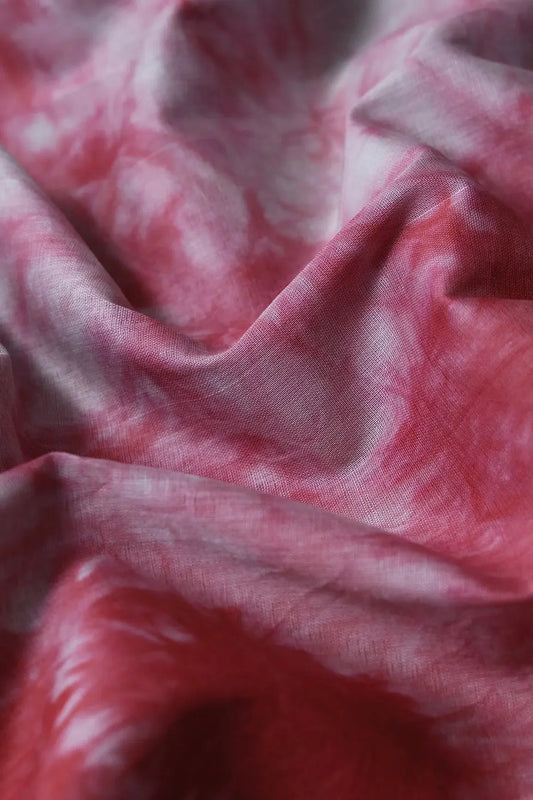 Red And Olive Tie & Dye Shibori Print On Pure Mul Cotton Fabric