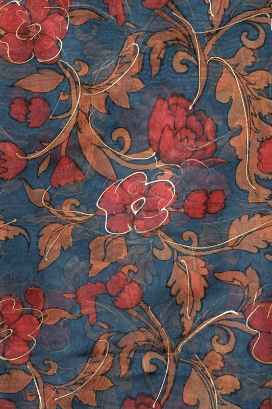 Red And Orange Floral Digital Foil Print On Prussian Blue Organza Fabric