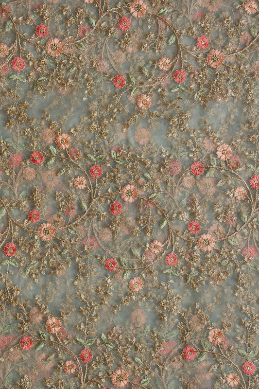 Red And Peach Thread With Gold Zari Floral Embroidery Work On Dusty Olive Soft Net Fabric
