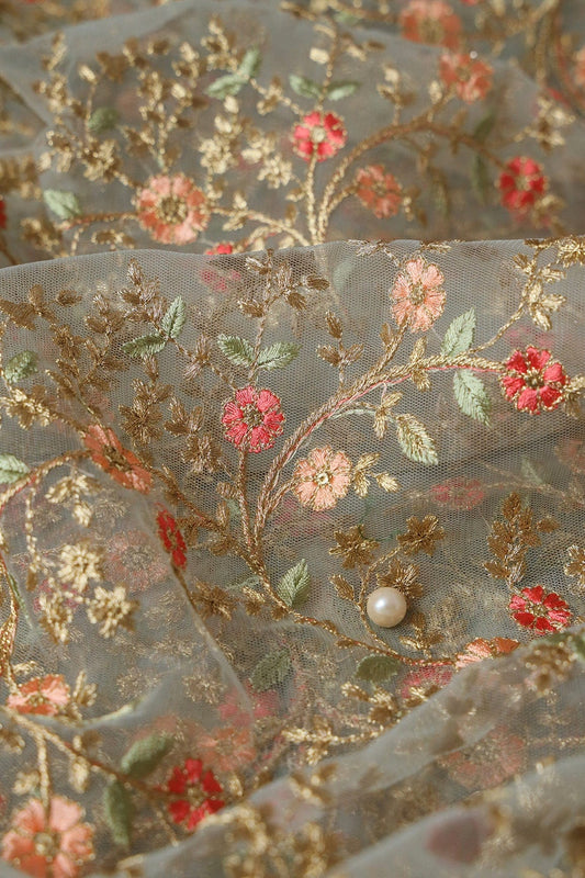 Red And Peach Thread With Gold Zari Floral Embroidery Work On Dusty Olive Soft Net Fabric