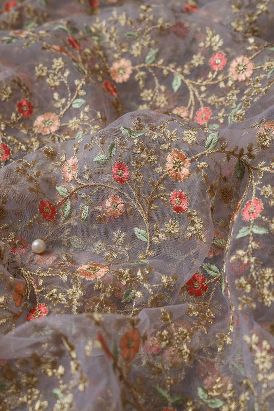 Red And Peach Thread With Gold Zari Floral Embroidery Work On Grey Soft Net Fabric
