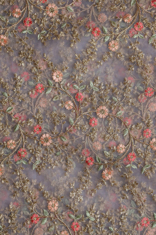 Red And Peach Thread With Gold Zari Floral Embroidery Work On Grey Soft Net Fabric